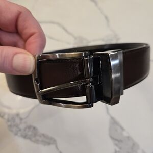 Perry Ellis Black And Brown Reversible Leather Belt with Silver Buckle Sz 38